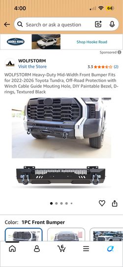 WOLFSTORM Heavy-Duty Mid-Width Front Bumper Fits for 2022-2026 Toyota Tundra, Off-Road Protection with Winch Cable Guide Mouting Hole, DIY Paintable B