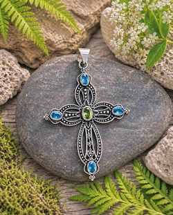 Blue Topaz & Peridot Silver 2.5” Cross Pendant