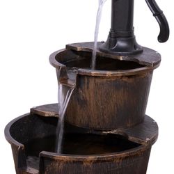 2-Tiered Barrel and Pump Water Fountain, Old-Fashioned Fountain, 27", Bronze, Outdoor Floor Rustic 