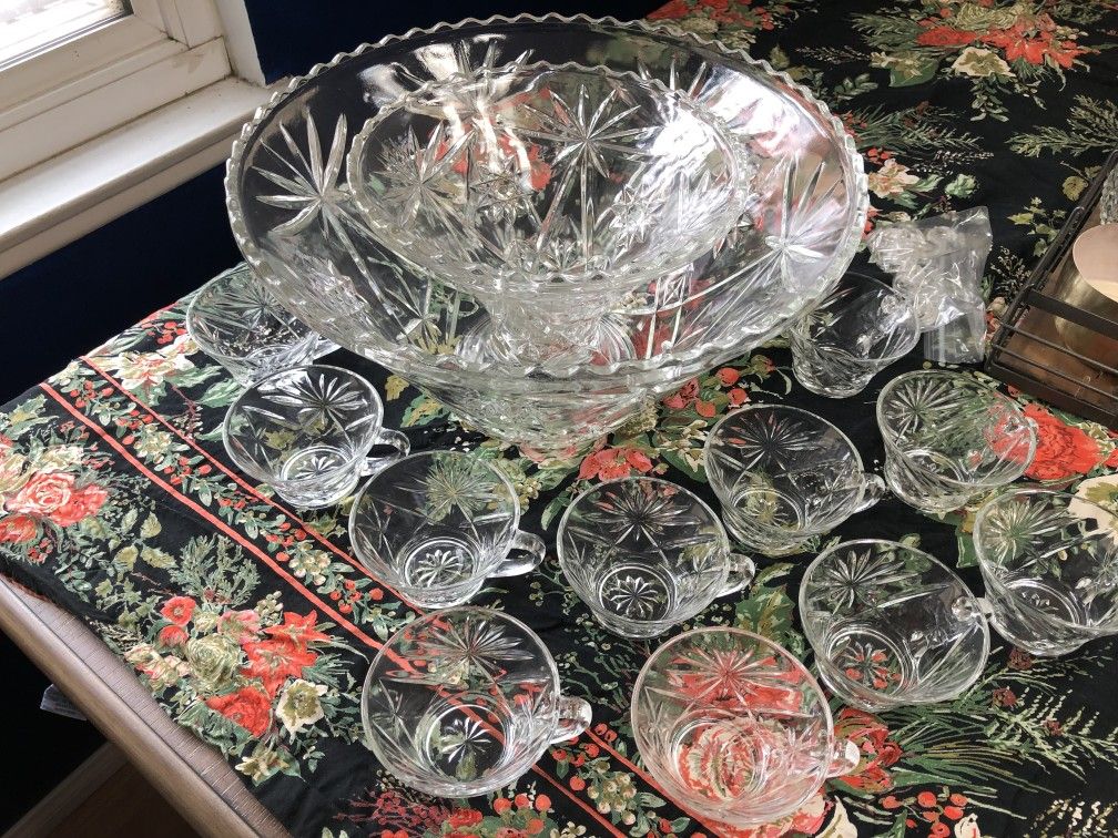 Vintage Crystal Punch Bowl Set