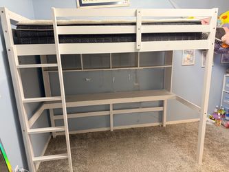 White Loft Bed with Desk and Shelves