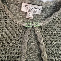 VTG Authentic St. John Green, Knitted, Sequin, Rhinestone, Brooch Clasp Evening Cardigen