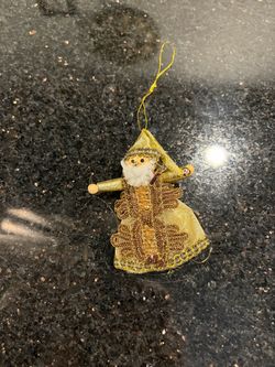 Gold Santa Claus Christmas Tree Ornament Gold Fabric Beaded Trim Hanging Loop