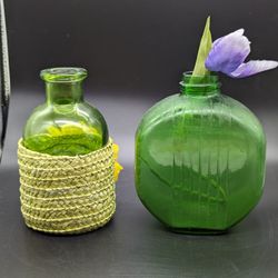 Mid Century  Forest Green Vintage Duraglas Ribbed Bottle With Bonus Green Bottle