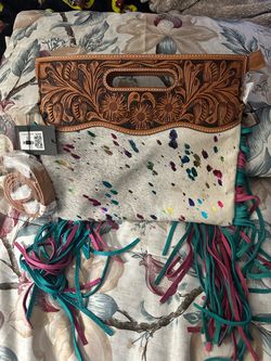 Western Tooled Leather Cowhide Fringe Clutch Bag