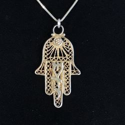 Vtg 925 Sterling Silver Necklace Hamsa Shaddai Pendant Filigree Amulet Israel