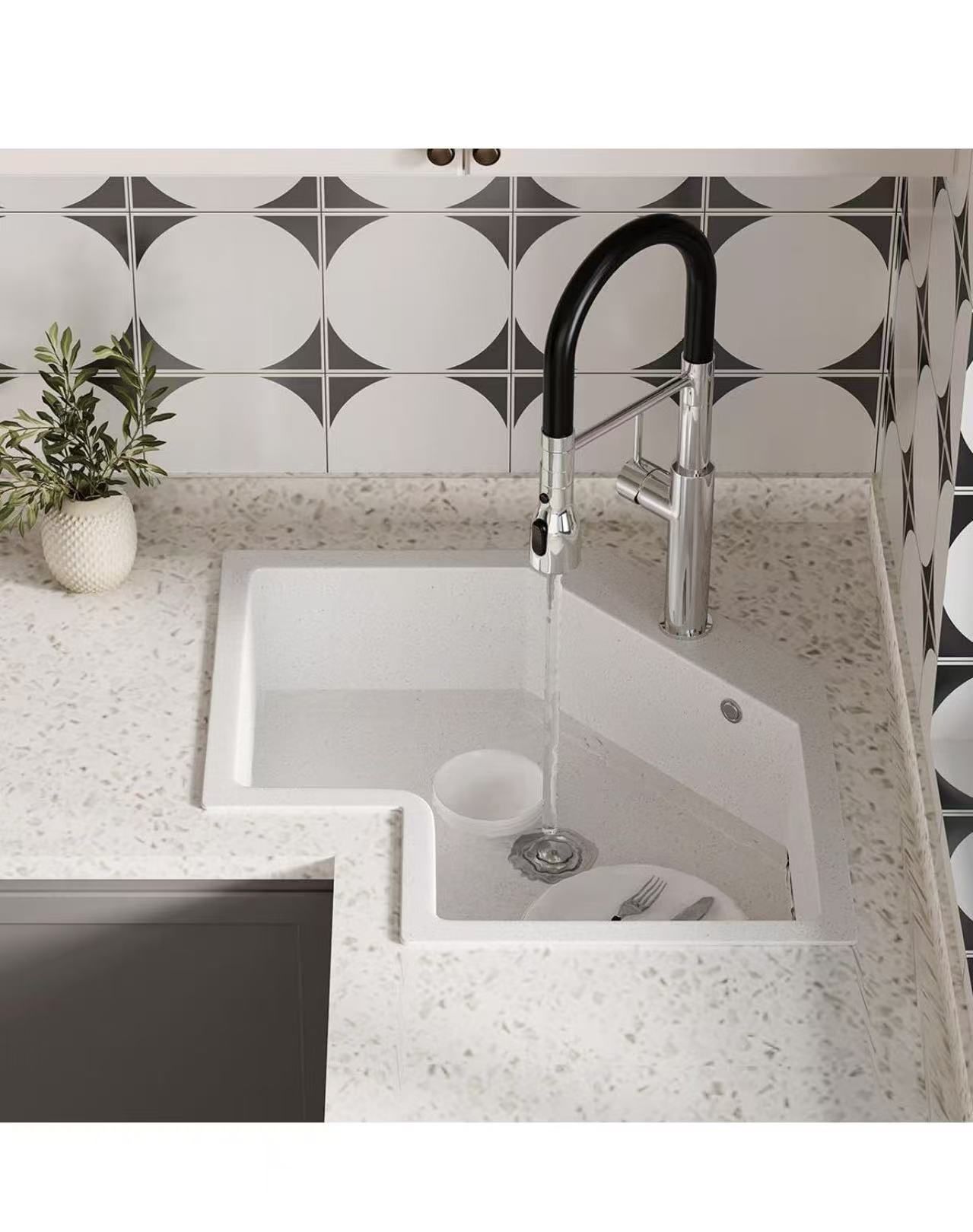 26.77 Inch White Undermount Corner Kitchen Sink – Irregular Quartz Single  Bowl Sink with Advanced Noise Reduction