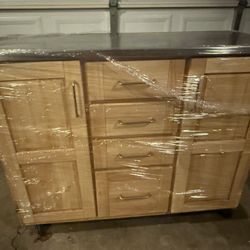 Natural Wood Kitchen Cart with Stainless Top and Breakfast Bar