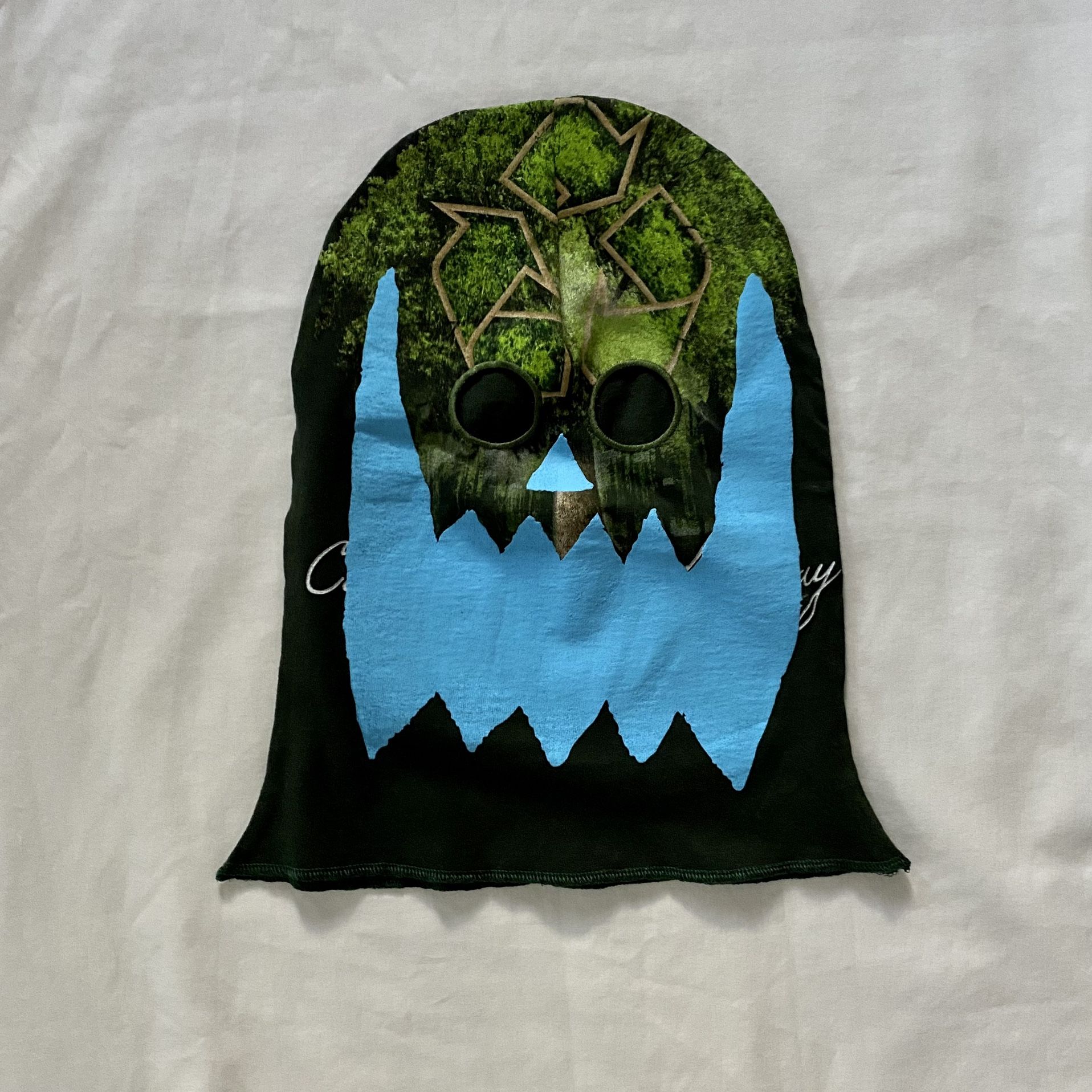 NEW Asspizza 730 Face Mask "Recycle" Green/Blue Puff Print authentic original 2021 made from vintage t-shirt 1/1 fashion goblin tags kerwin frost