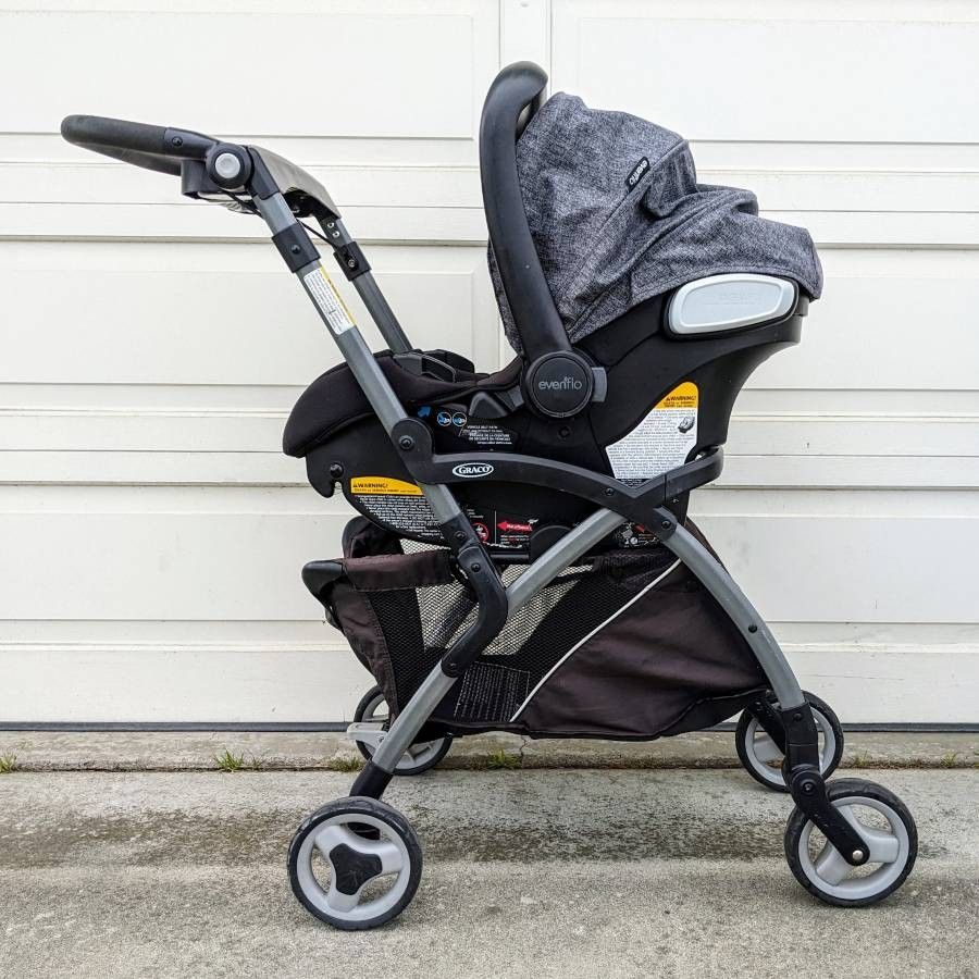 Graco SnugRider Elite & Evenflo Litemax Pivot Pro Series 2.0 infant newborn car seat travel system with baby carrier & stroller frame