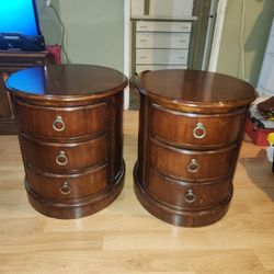 Pair of Vintage Oval Drum Nightstands - 3 Drawer End Tables