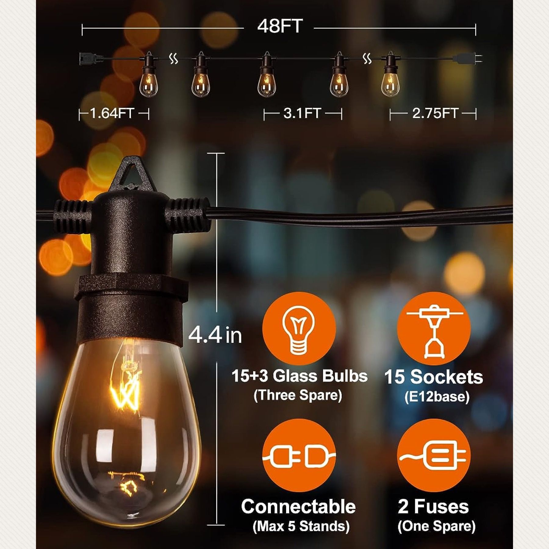 Outdoor Patio Hanging String Light (96ft)