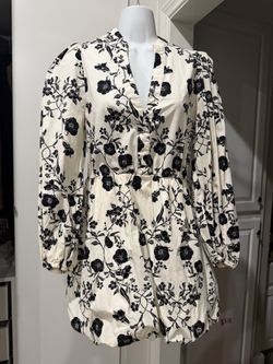 H&M Cream Black Floral Bubble Hem Dress Women's Small Balloon Sleeve Cotton