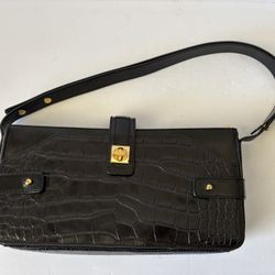 Cole Haan Black Crocodile Turn Lock Closure Elongated Saddle Bag