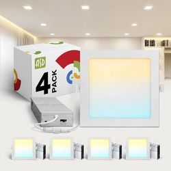 4 Pack LED Square Recessed Lighting 8 Inch, 5CCT 2700K-5000K CRI90+, Dimmable Ultra-Thin Canless