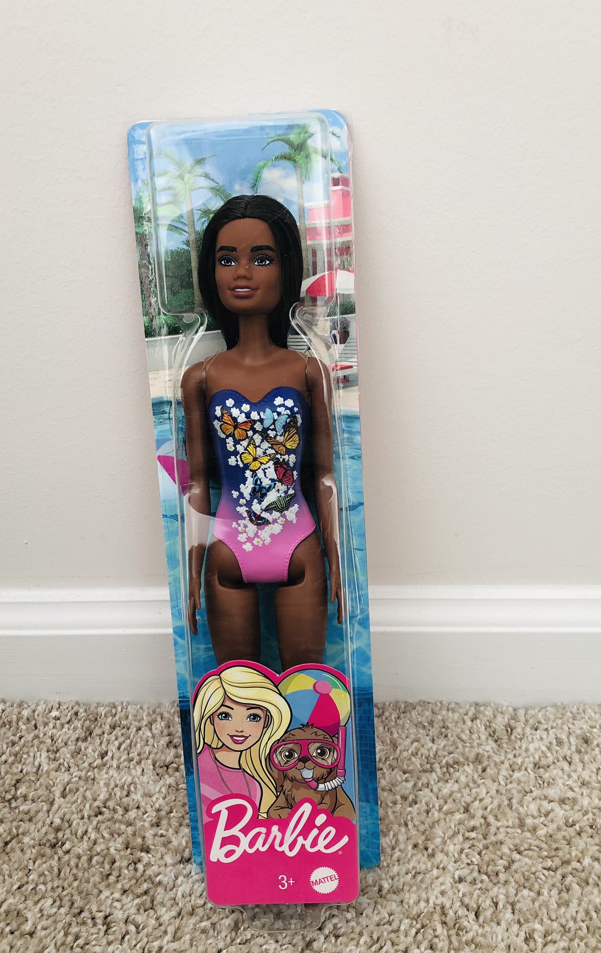 Brand new! Barbie Beach Doll in Purple Butterfly Swimsuit with Straight Black Hair