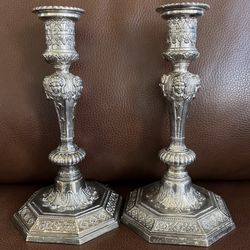 Pair of 18th Century Revival Style Silver Plated Candle Holders: Art Nouveau Lady Faces