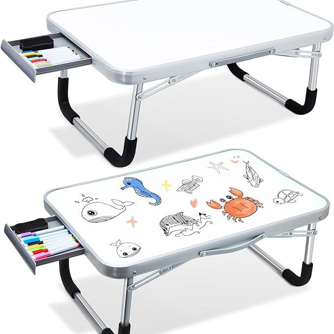 2 Pcs Lap Desk Kids Dry Erase Board for Kids Foldable Study Desk Tray Kid Portable Lap Desk with Drawer Dry Eraser and Markers for Toddler Art Drawing
