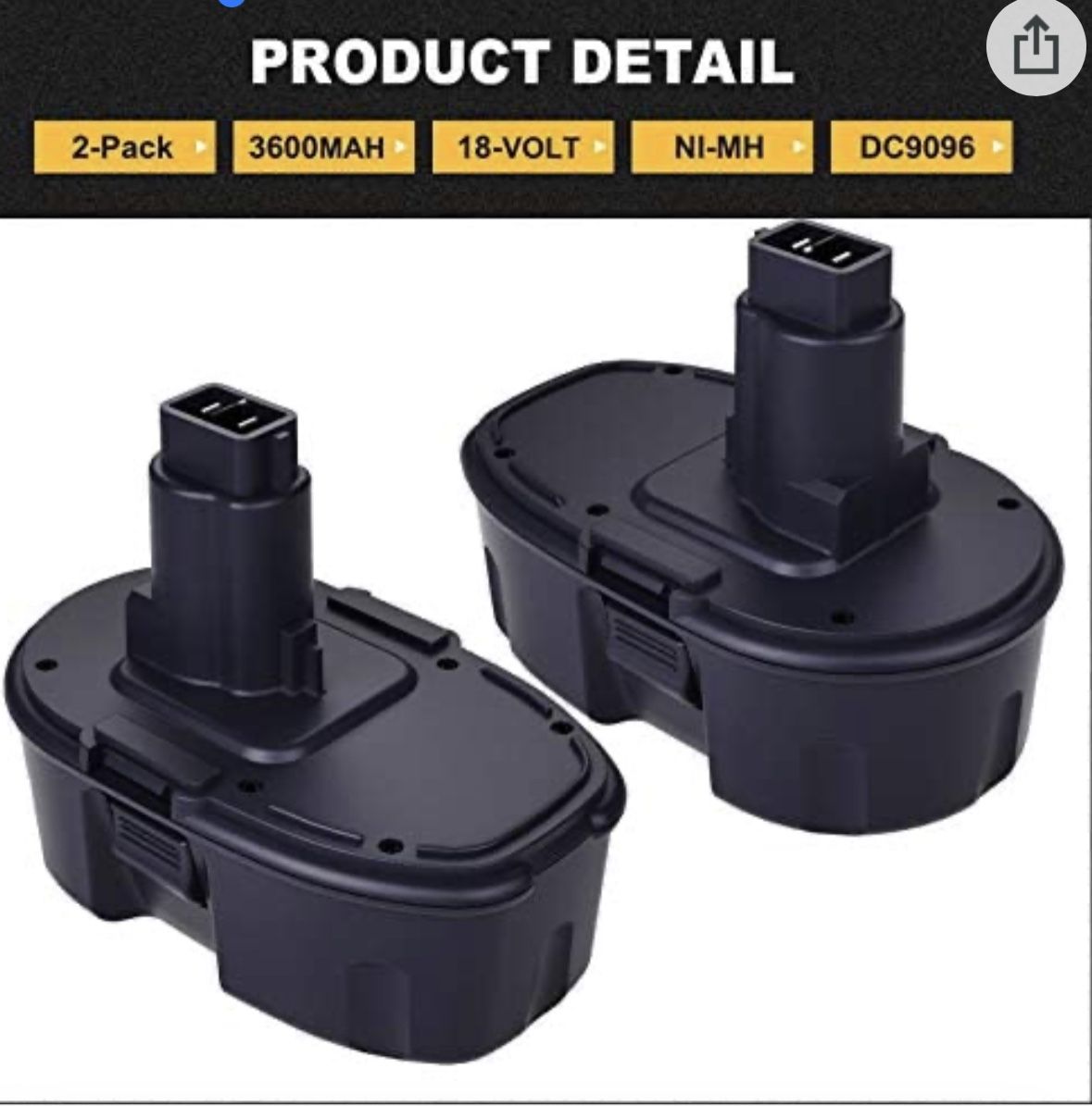 DC9098 DC9099 18V 3.6Ah Replacement Battery for Dewalt 18V Battery DC9096 DC9098 DC9099 DW9095 DW9096 DW9098 DE9038 2-Pack