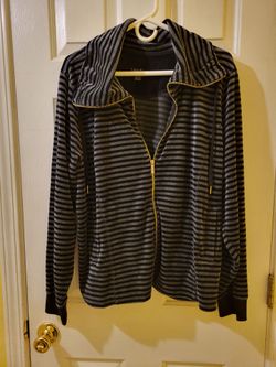 Calvin Klein Striped Velour Full Zip Jacket Women's 1X Plus Gray Black Cowl Neck Gold Zipper Draw String