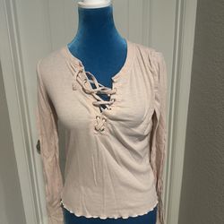 Women’s Light Pink Ribbed Lace-Up Long Sleeve Top