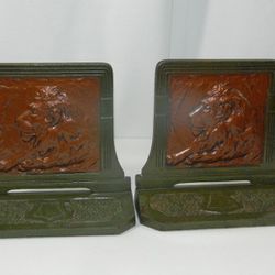 Vtg Cast Iron Judd Mfg Lion Bookends Copper + Brass #8734