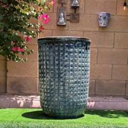 25" Tall Large Square Pattern Blue Ceramic Outdoor Planter, Atlantis Vietnam Pottery