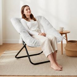 Folding Saucer Chair, Square X-Large Faux Fur Comfy for Lounge, Bedroom, Adults, White