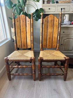 Pair of Artisan wood chairs Spanish inspired statement dining chairs