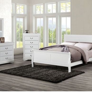 Queen Size White Bed. 4-Pc Sale.  -> Bed, Nightstand, Dresser, Mirror. 