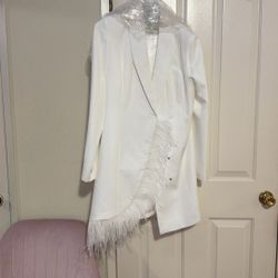 White Suit Dress With Feathers