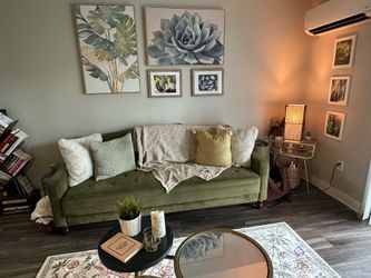 Modern Olive Green Velvet Sofa – Excellent Condition