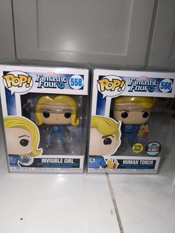 Funko Pop Lot Fantastic Four Invisible Girl #558 & Human Torch #568 GITD Specialty Series