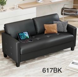 Black Faux Leather Loveseat Sofa with USB Ports