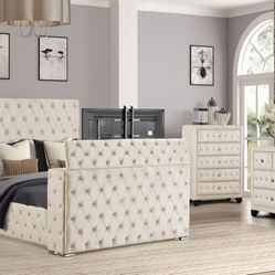 Celebrate Columbus Day with a fresh new look for your bedroom! ✨ This stunning tufted bedroom set features a stylish upholstered bed frame, spacious d