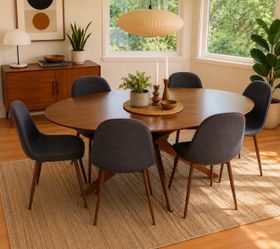 Mid-Century Modern Dining Set – Oval Wood Table & 6 Upholstered Chairs