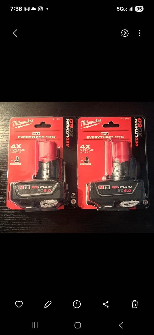 2 pcs milwaukee 48-11-2460 m12 redlithium xc 6.0 extended capacity battery pack lot