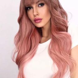 Beautiful long silky peach color hair wig with bang 