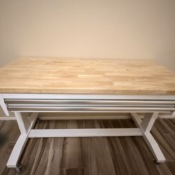 52 in. W x 24 in. D 2-Drawer Adjustable Height White Workbench Table with Solid Wood Top