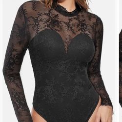 Shapewear Mock Neck Long Sleeve Floral Lace Bodysuit