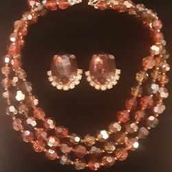 c1950 MARVELLA CRYSTAL Shades of Amber Triple Strand Necklace  + Amber Crystal Earrings