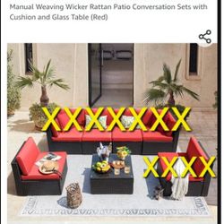 Manual Weaving Wicker Rattan Patio Set with Cushions and Glass Table (Red)

