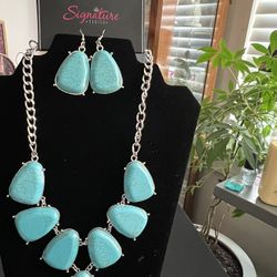 PAPARAZZI "THE GERALDINE" ROUNDED TRIANGLE TURQUOISE STONE ZI COLLECTION NECKLACE & EARRING SET
