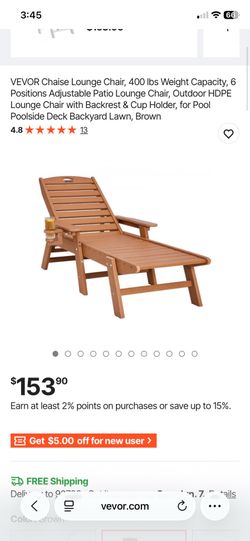 VEVOR Chaise Lounge Chair, 400 lbs Weight Capacity, 6 Positions Adjustable Patio Lounge Chair, Outdoor HDPE Lounge Chair with Backrest & Cup Holder, f