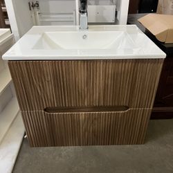 24 in. Wall-Mounted Bathroom Vanity in Walnut with White Ceramic Top, Single Sink with 2-Drawers $199  Warehouse Clearance Sale   🔥First Come, First 