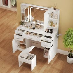 Vanity desk with led mirror and stool