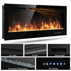 50 in. Wall Mounted Recessed Electric Fireplace in Black with Adjustable Brightness