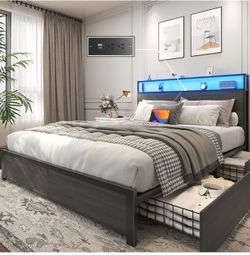 Queen size bed frame with led light and usb plugs.