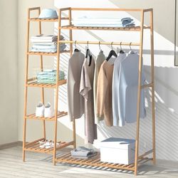 1389: Brand New Bamboo Clothing Garment Rack,Free Standing Clothes Coat Hanger,Closet Organizer w/Shoe Rack,Multi-tiered Wardrobe Storage Shelves