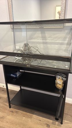 Reptile habitat includes lights and stand and bearded dragon food